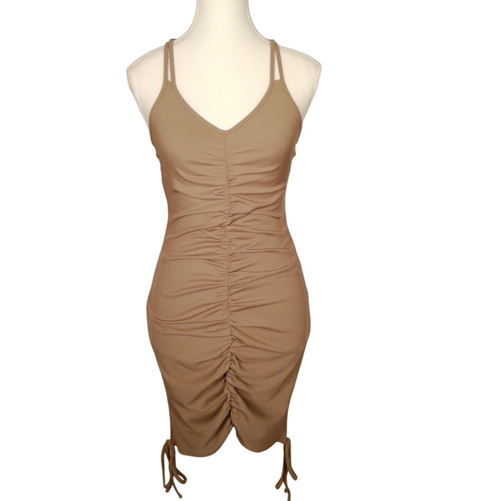 NWOT SHEIN Women's Tan Ruched Drawstring Bodycon Mini Dress‎ Size M